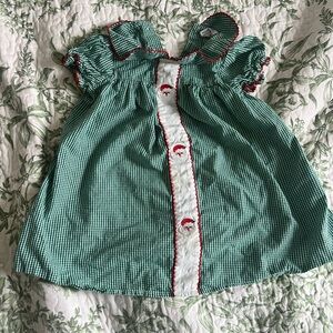 Southern Smocked Green Gingham Baby Dress with Red Trim